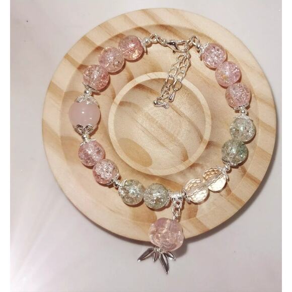 Pink White Wire Bracelet with Rose Dangle #986 - Picture 2 of 5